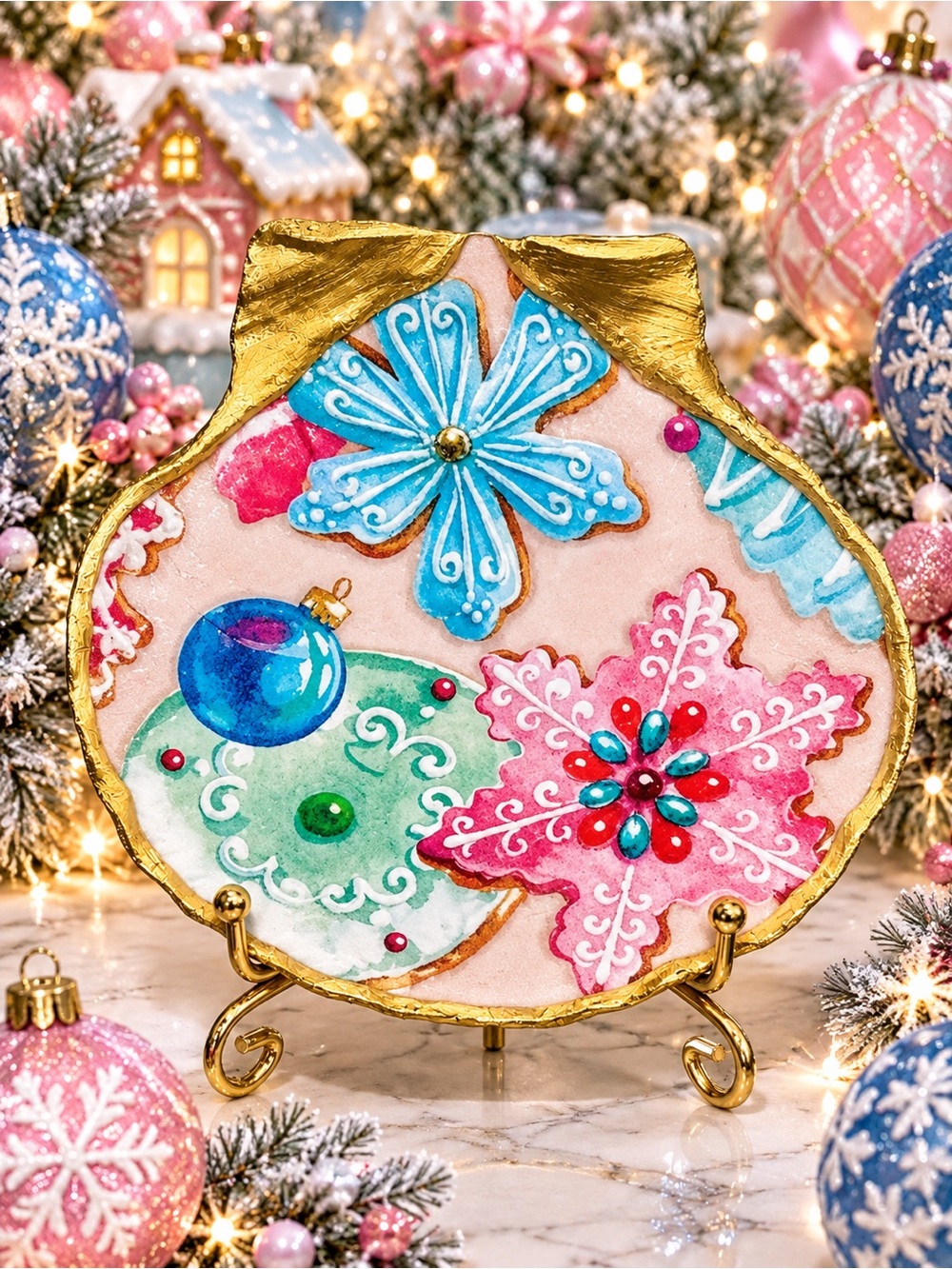 Hand Crafted Christmas Cookies Pink Trinket Shell Dish 5”